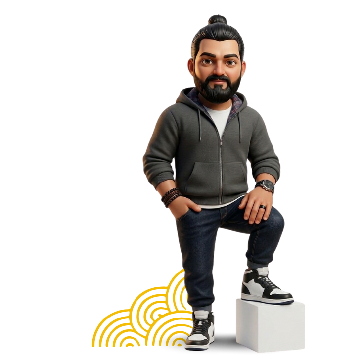 3D illustration of Varun in a grey hoodie, one foot up on a white block, with yellow arcs behind him