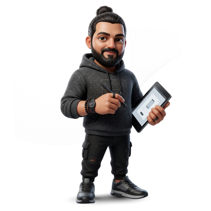 3D illustration of Varun in a dark hoodie, holding a stylus and a tablet with a UI sketch