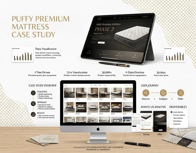 Cover of the Behance project PUFFY AI Studio case study: Puffy premium mattress, with tablet and desktop screens