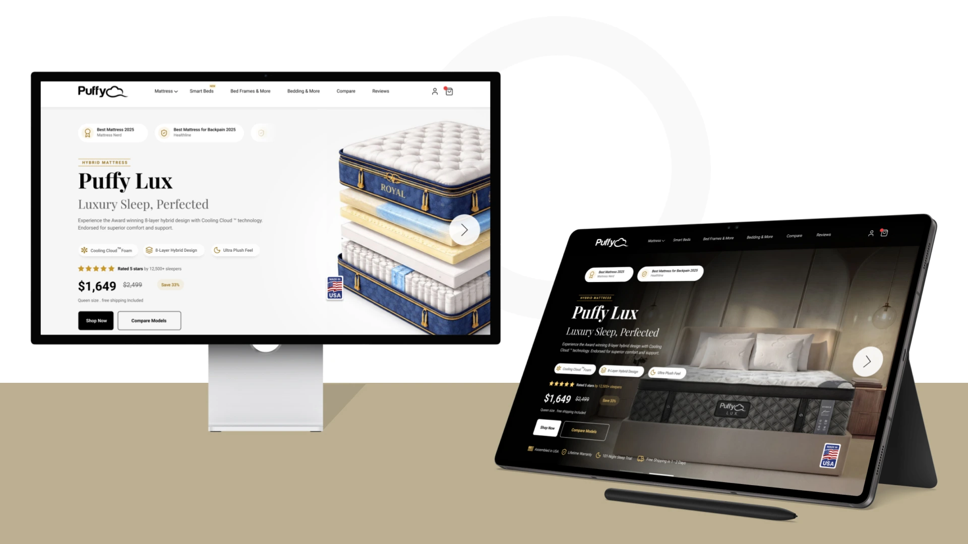 The Puffy Lux hero on a desktop monitor in a light theme and on a tablet in a dark theme