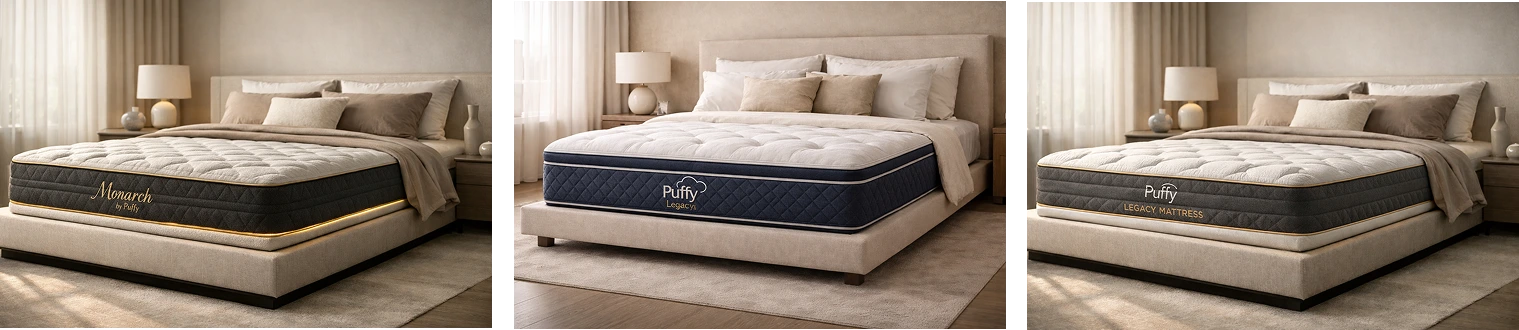 Three AI renders of a mattress in near-identical bedrooms