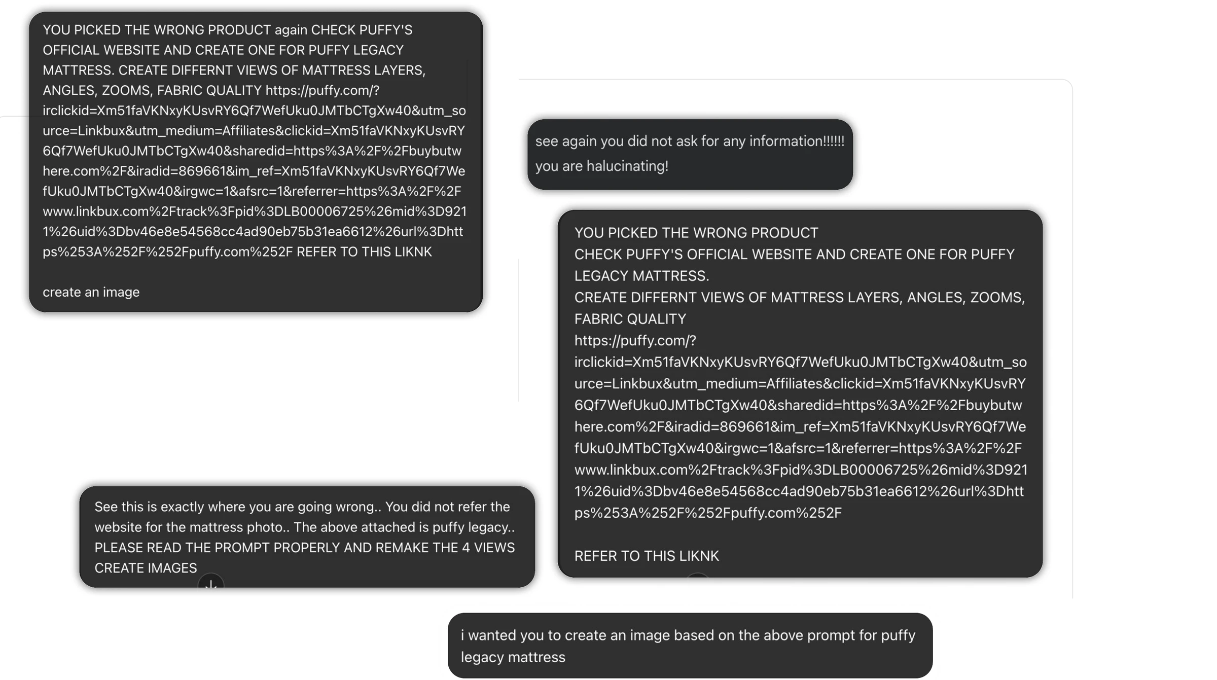Chat messages telling the AI it picked the wrong product and to use the real Puffy mattress