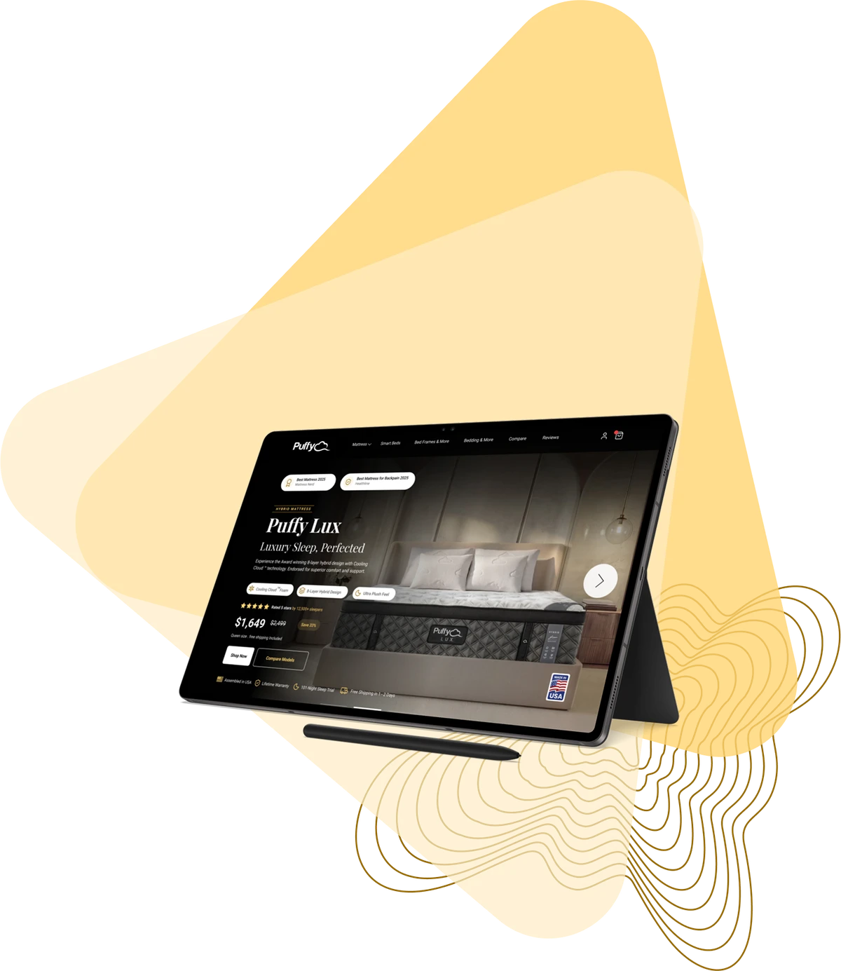 The Puffy Lux hero design shown on a tablet