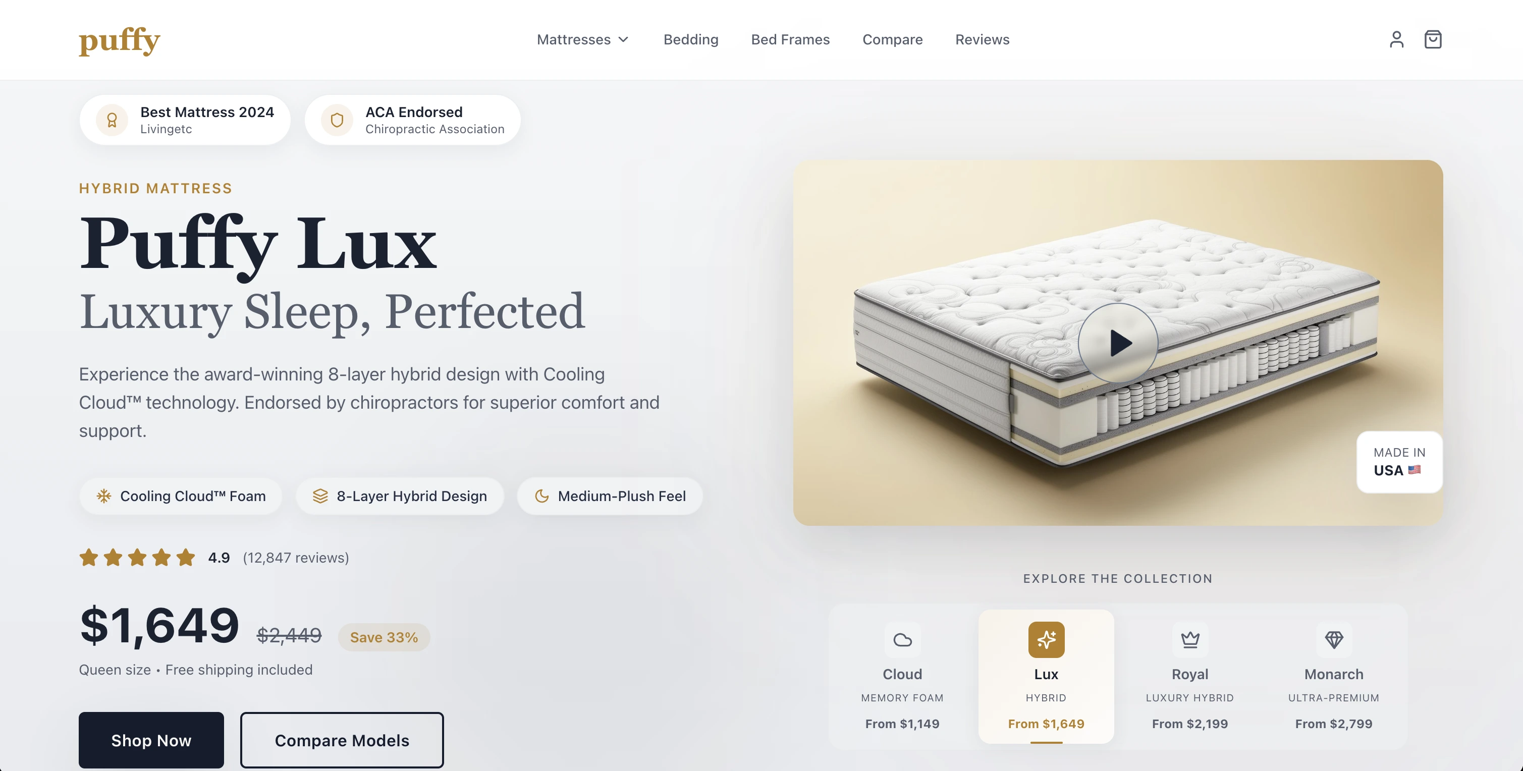 Puffy Lux hero design: Luxury Sleep, Perfected, with price, key features and the collection switcher