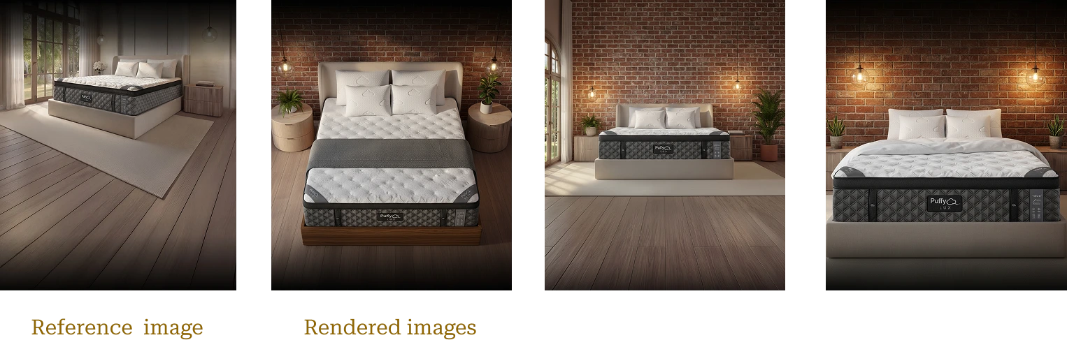 Reference image of the Lux mattress next to three rendered views in a brick-walled bedroom
