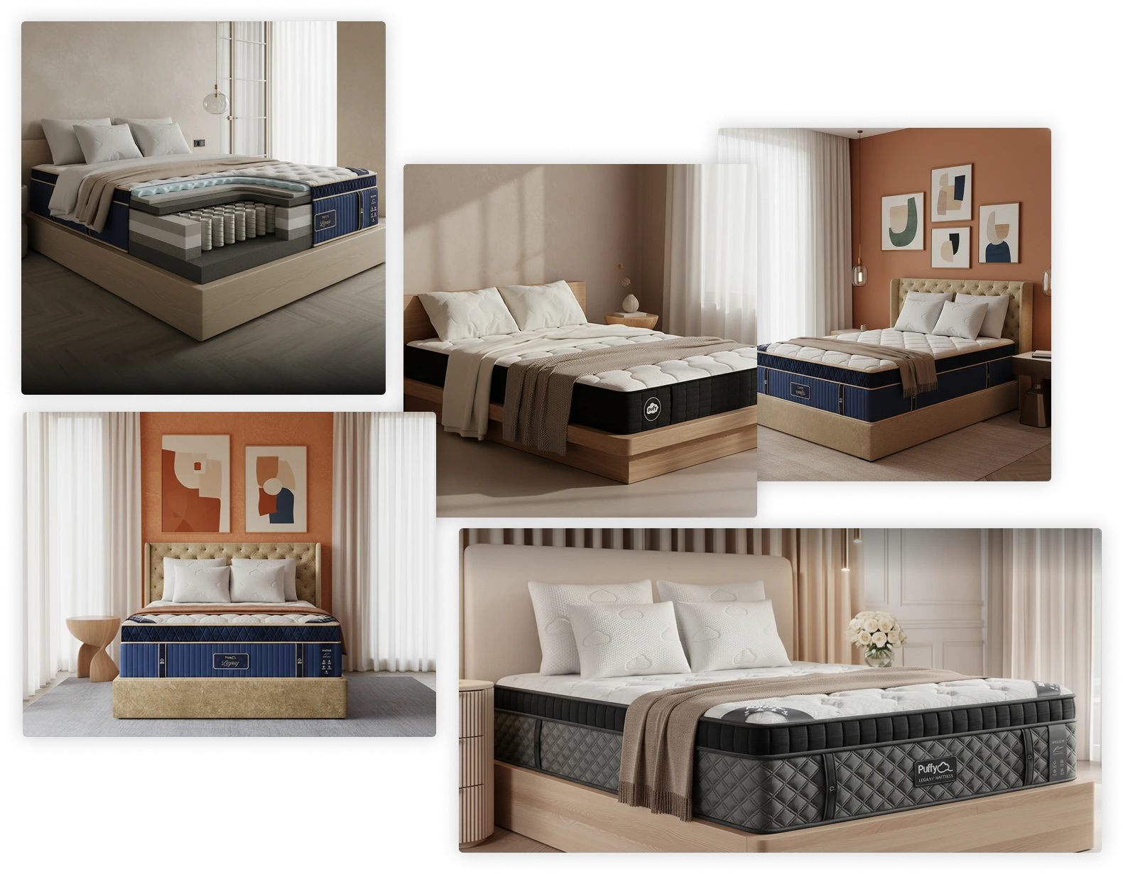 A collage of mattress renders in different styled bedrooms