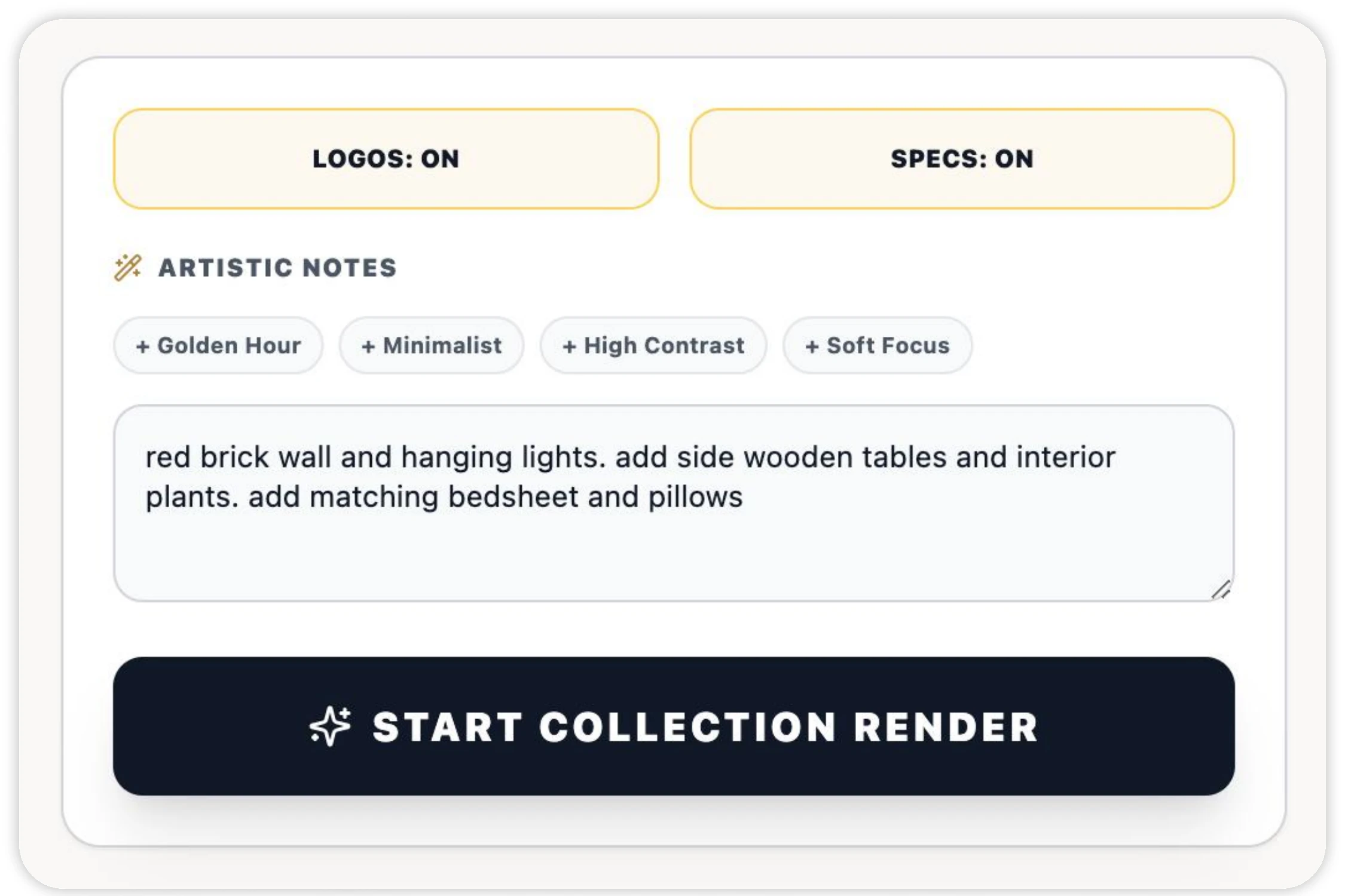 Studio settings: logos and specs switched on, preset artistic notes, and a one-line description of the setting
