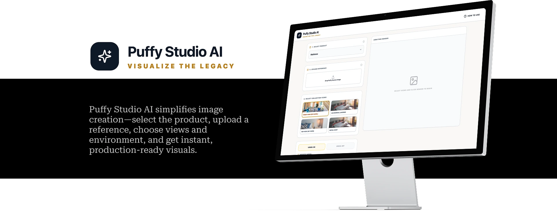 Puffy Studio AI, Visualize the Legacy, shown on a desktop monitor